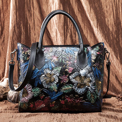 Vintage Flower Embossed Genuine Leather Handbag