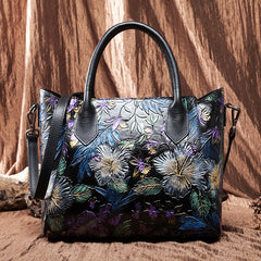 Vintage Flower Embossed Genuine Leather Handbag