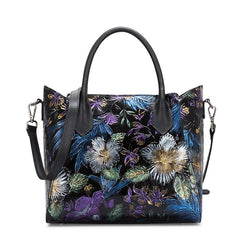Vintage Flower Embossed Genuine Leather Handbag