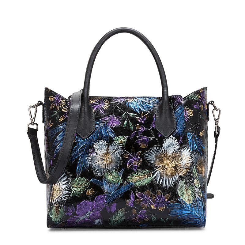 Vintage Flower Embossed Genuine Leather Handbag