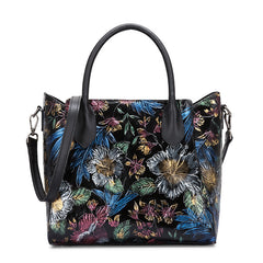 Vintage Flower Embossed Genuine Leather Handbag
