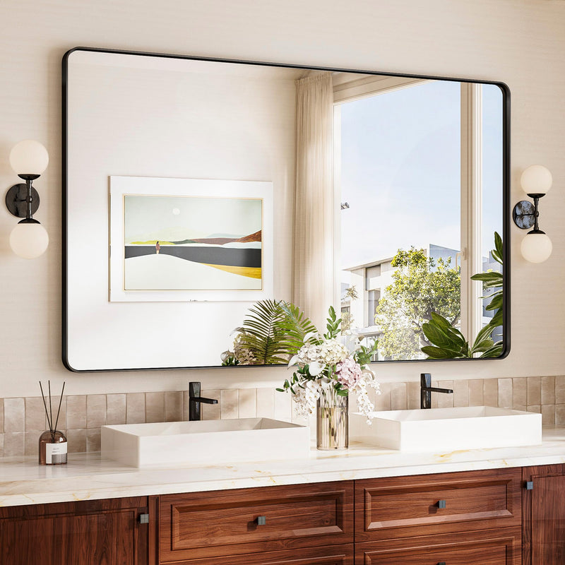 TokeShimi Black Vanity Mirror 60x36Bathroom Mirror Framed SeamlessTempered GlassRectangle Mirror for BathroomShatterproof Bathroom Wall Mirror(Horizontal/Vertical)