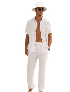 EISHOPEER Men Beach Outfits Short Shirt and Long Pants Casual Linen Sets Beach Wedding Outfit for Men White XX-Large