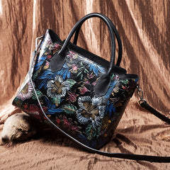 Vintage Flower Embossed Genuine Leather Handbag