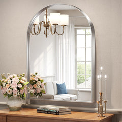 Brightify Arched Mirror Arched Wall Mirror 32 x 40 Inch Silver Arch Mirror Metal Frame Silver Bathroom Mirror Arched Top Bathroom Vanity Mirror for Living Room Bedroom Mantel Entryway Hallways