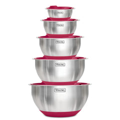 Viking Culinary Stainless Steel Mixing Bowl Set 10 piece Non-slip Silicone Base Includes Airtight Lids Dishwasher Safe Red