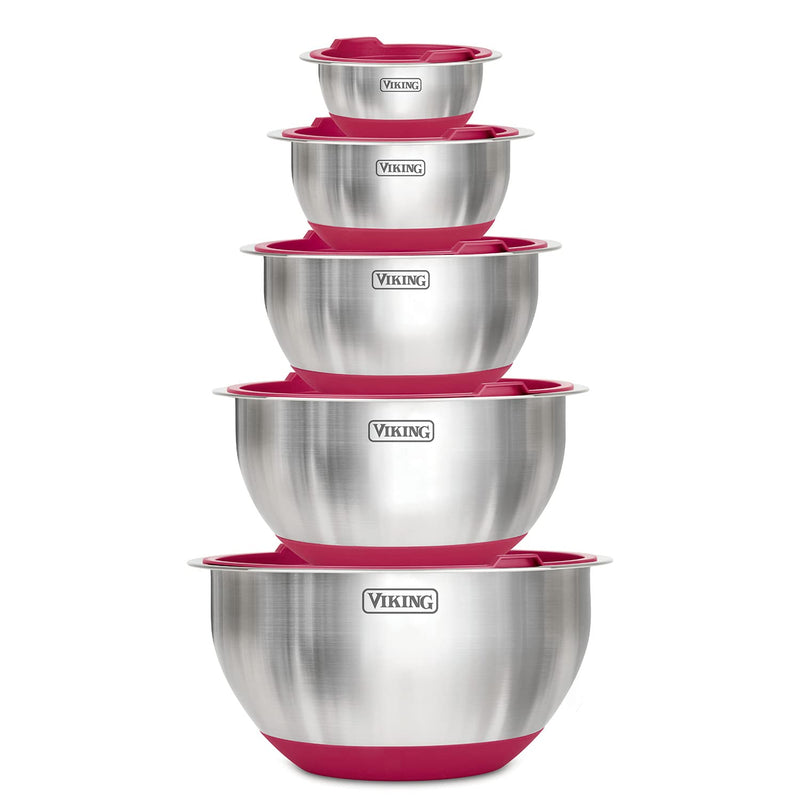 Viking Culinary Stainless Steel Mixing Bowl Set 10 piece Non-slip Silicone Base Includes Airtight Lids Dishwasher Safe Red