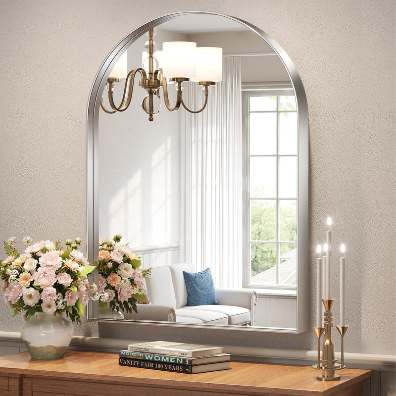 Brightify Arched Mirror Arched Wall Mirror 32 x 40 Inch Silver Arch Mirror Metal Frame Silver Bathroom Mirror Arched Top Bathroom Vanity Mirror for Living Room Bedroom Mantel Entryway Hallways